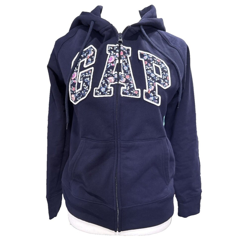 Gap Navy Blue Zip Up Hooded Sweatshirt Floral Detail SM Y2K Soft Girl Coquette